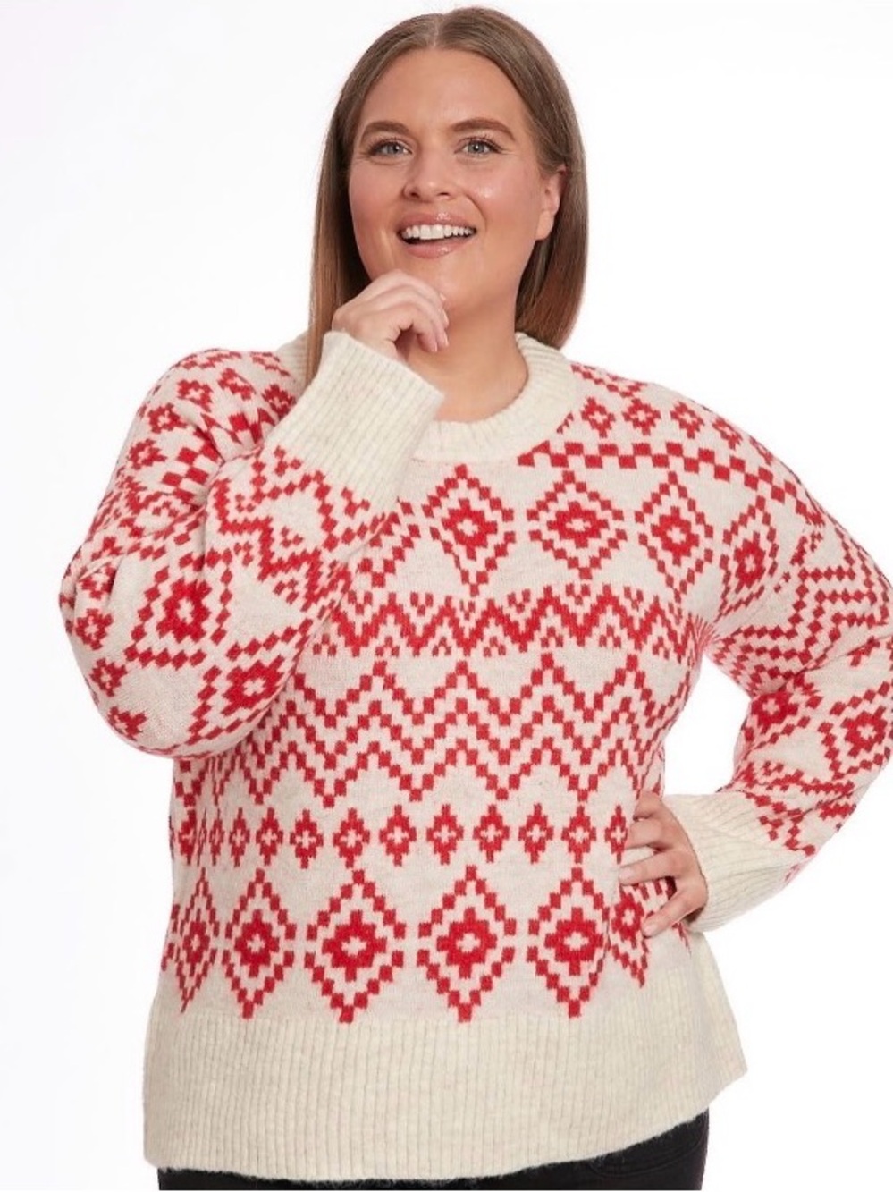 Joseph A. Fair Isle Sweater, Red and Cream, Size L